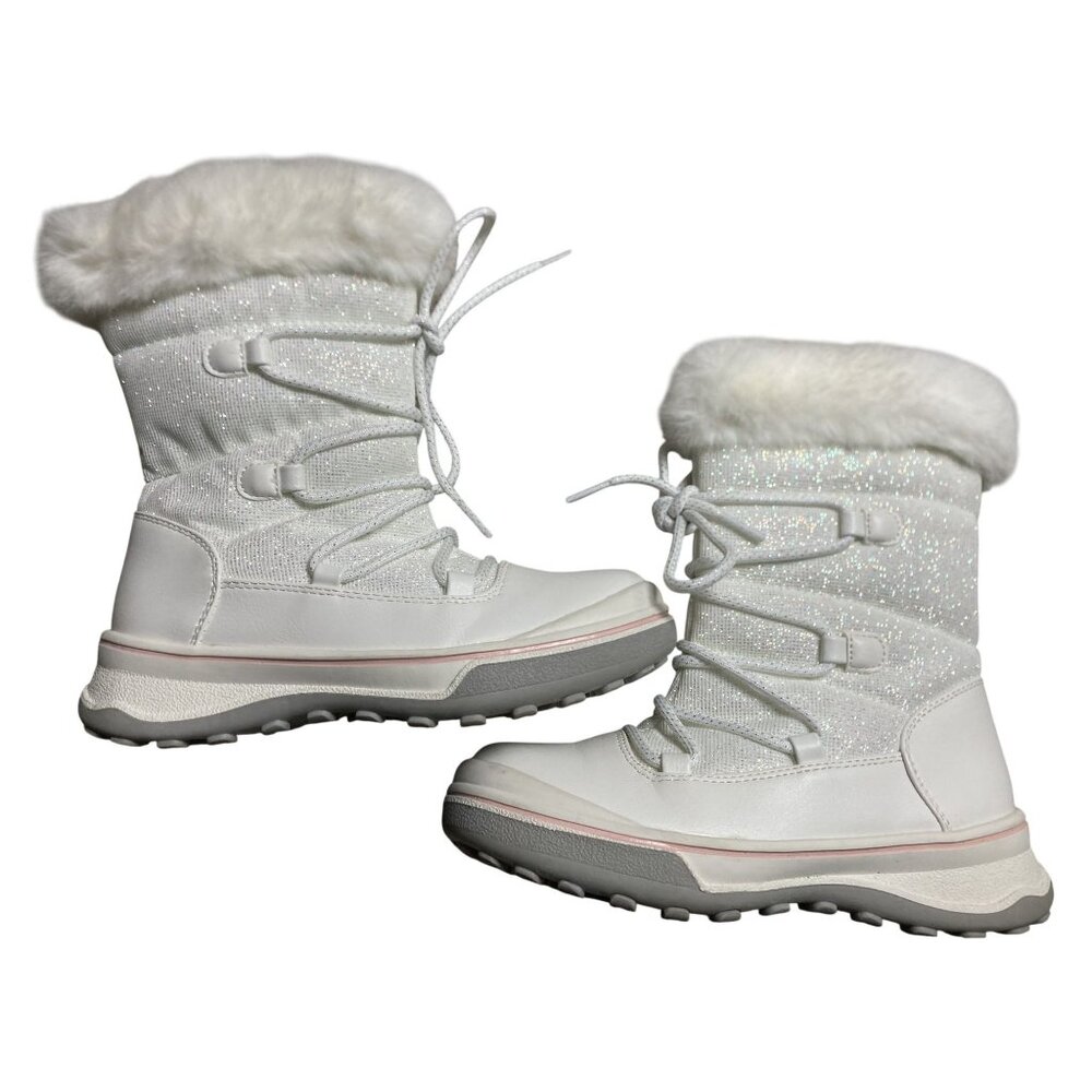 Kelly and Kate White Glitter Snow Boots With Faux Fur Trim & Side Zipper Winter